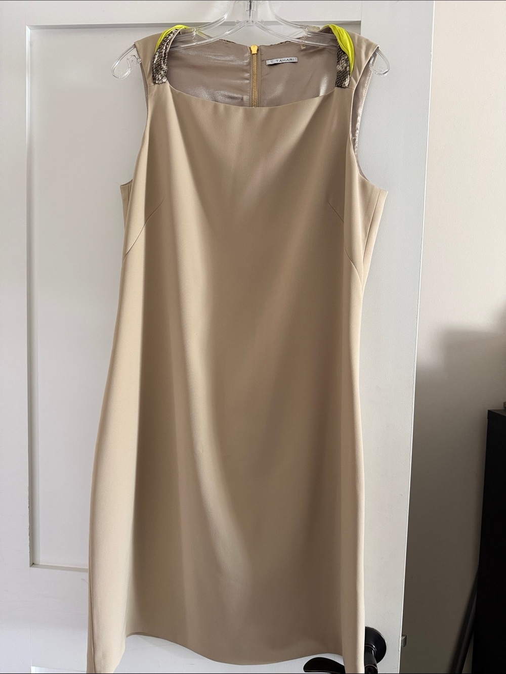 Tahari Sleeveless Beige Shift Dress with Neon and Python Silk Accents